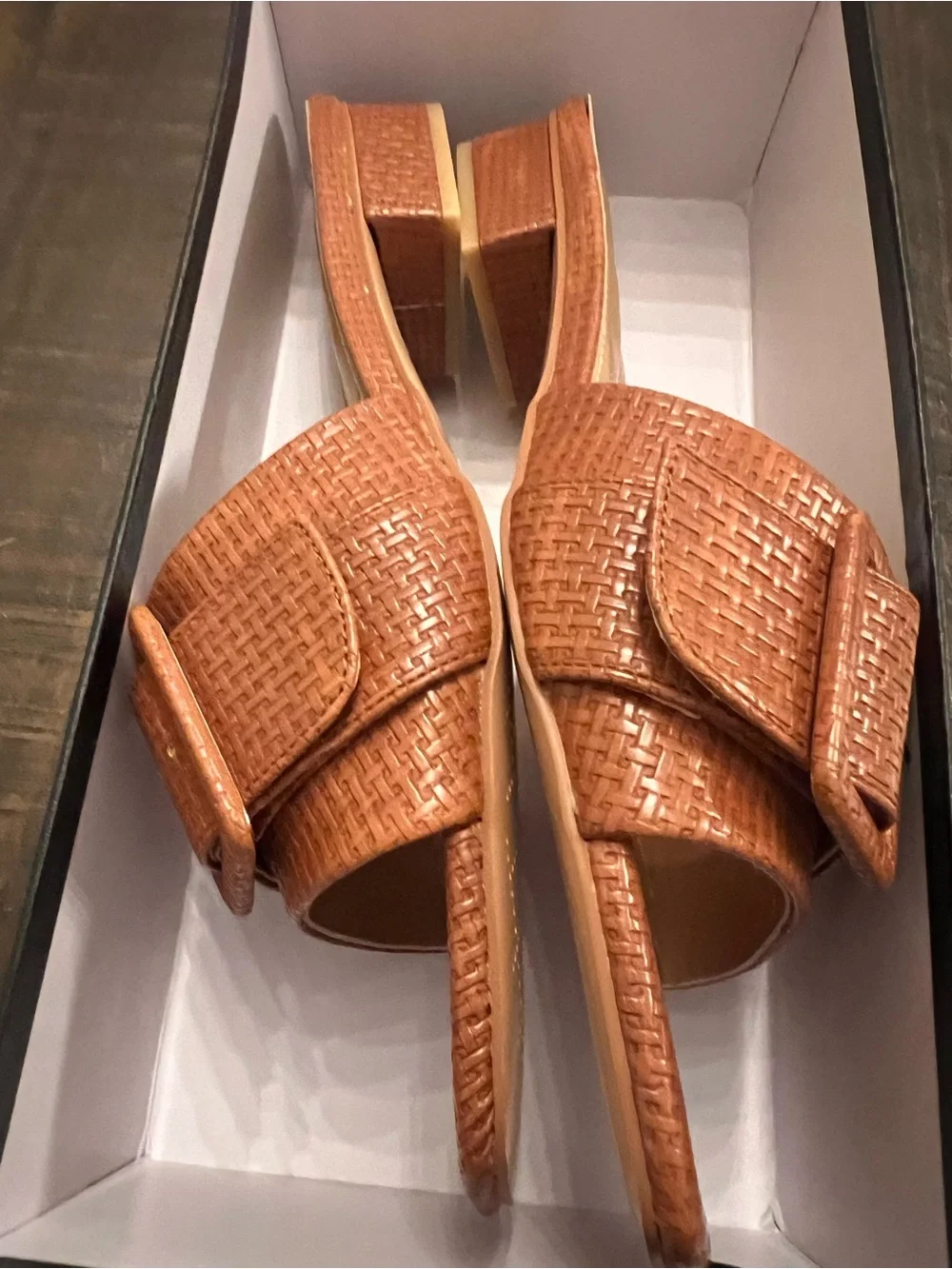 NEW Textured Woven Buckle Slide| Women’s Size 9.5 | Cognac Brown Block Heel